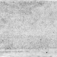One of four surviving copies of the 1215 Magna Carta. This copy is one of two held at the British Library. It came from the collection of Sir Robert Cotton, who died in 1631. In 1731, a fire at Ashburnam House in Westminster, where his library was then housed, destroyed or damaged many of the rare manuscripts, which is why this copy is burnt.